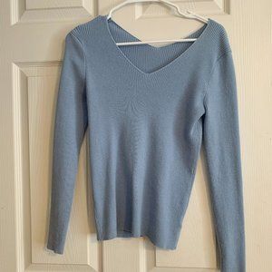 Women's Dusty Blue Solid V Neck Sweater